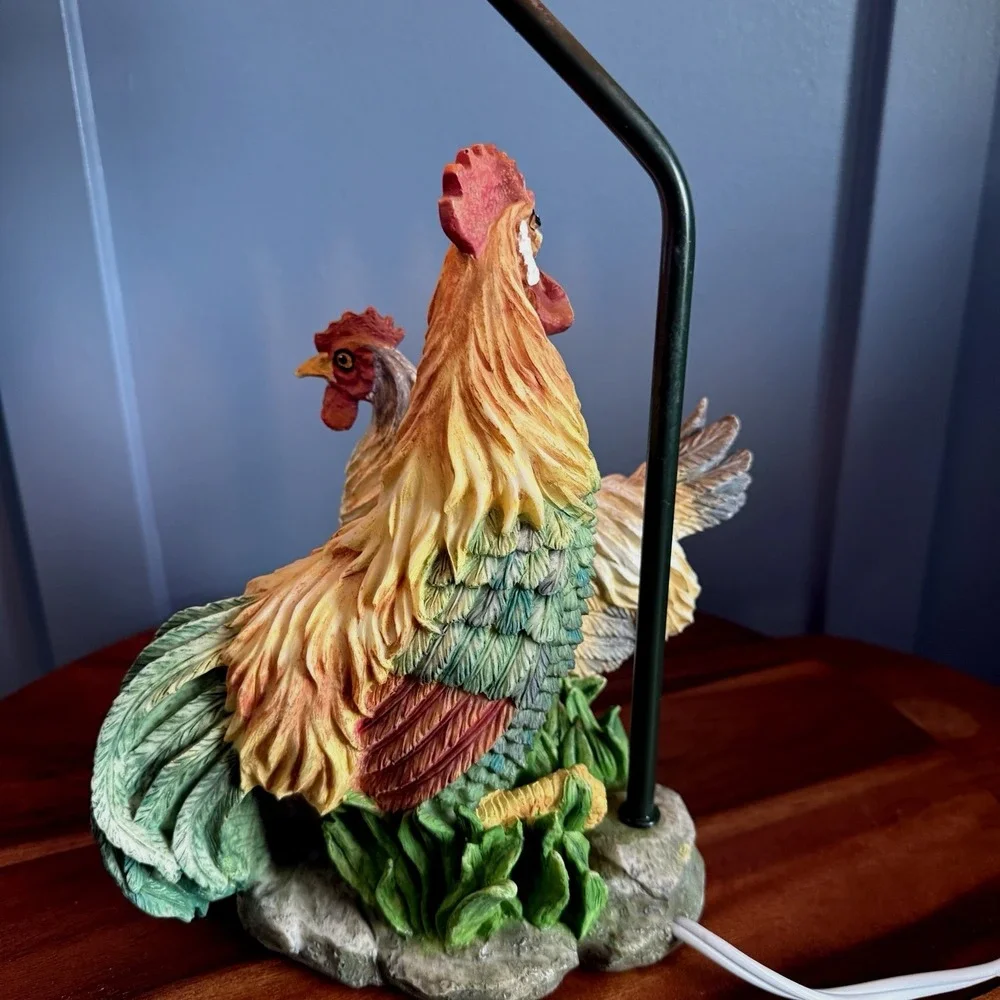 Vintage Rooster and Chicken Table Lamp Plaid Shade Farmhouse Cottage 20